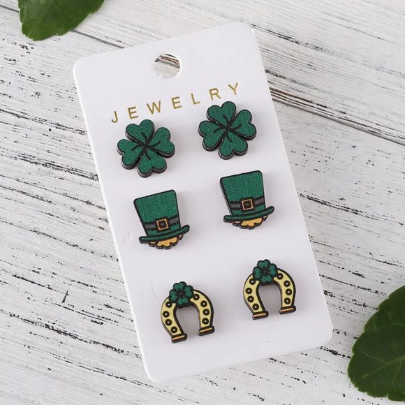 3 Pairs Set Of Green Hat Lucky Leaf Clover Horseshoe Design Stud Earrings Wooden - Picture 2 of 2